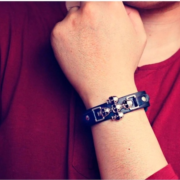 Skeleton Skull Punk Gothic Rock Leather Belt Buckle Bracelets For Men - Picture 2 of 5